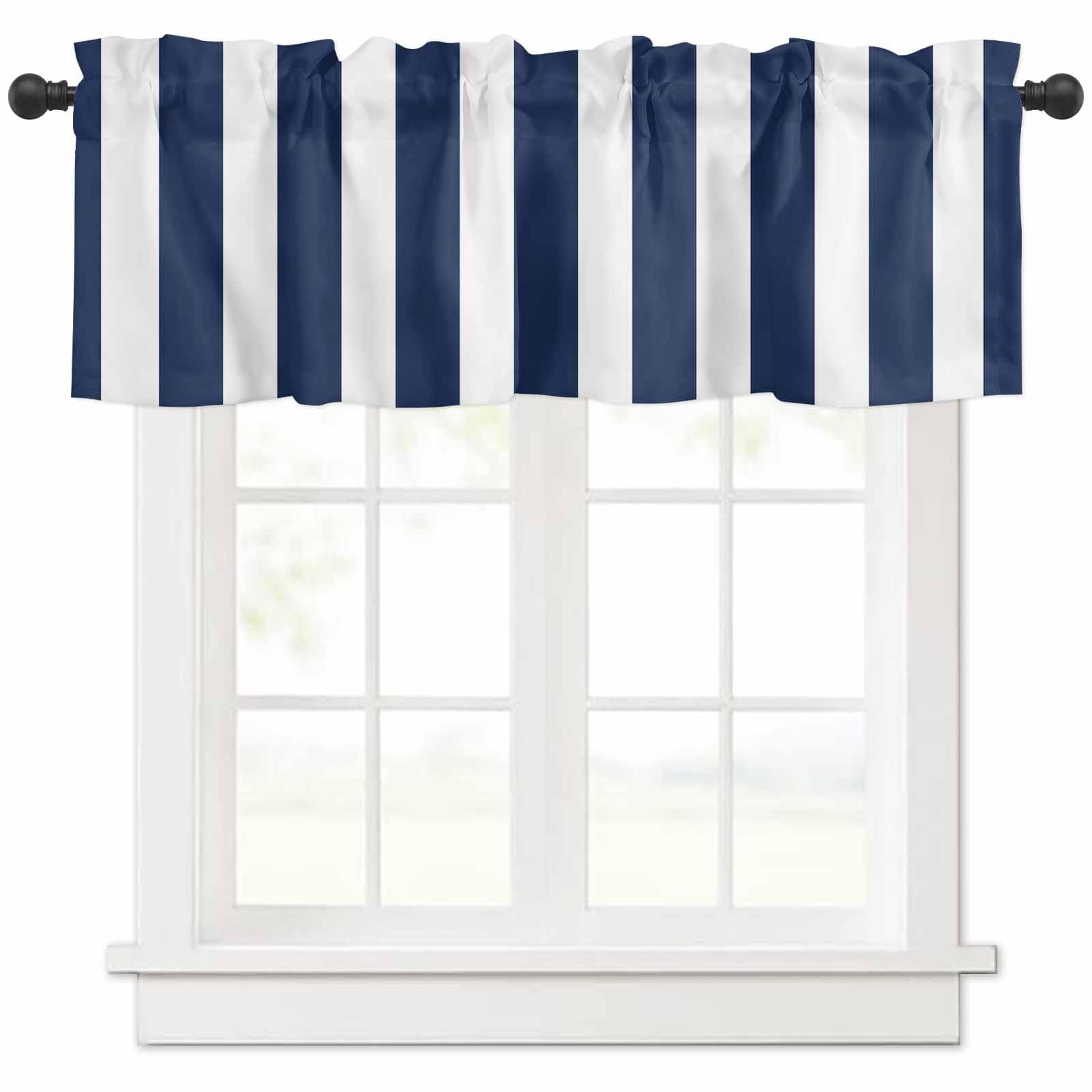SODIKA Striped Curtain Summer Valance for Windows Rod Pocket Window Treatments Stripes Navy Blue White Short Curtains for Kitchen Windows Bathroom