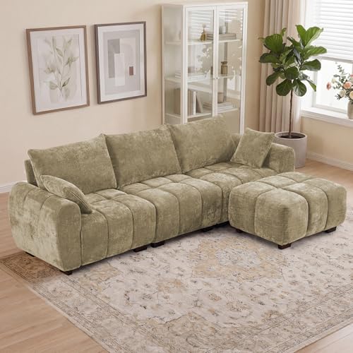 Image of 112 inch L Shaped Modular Sectional Sofa, Brown Chenille Cloud Couch, Modern Upholstered 4 Seater Couch with Removable Ottoman, Tufted Deep Seat & Wood Legs, Sectional Couches for Living Room Apartment