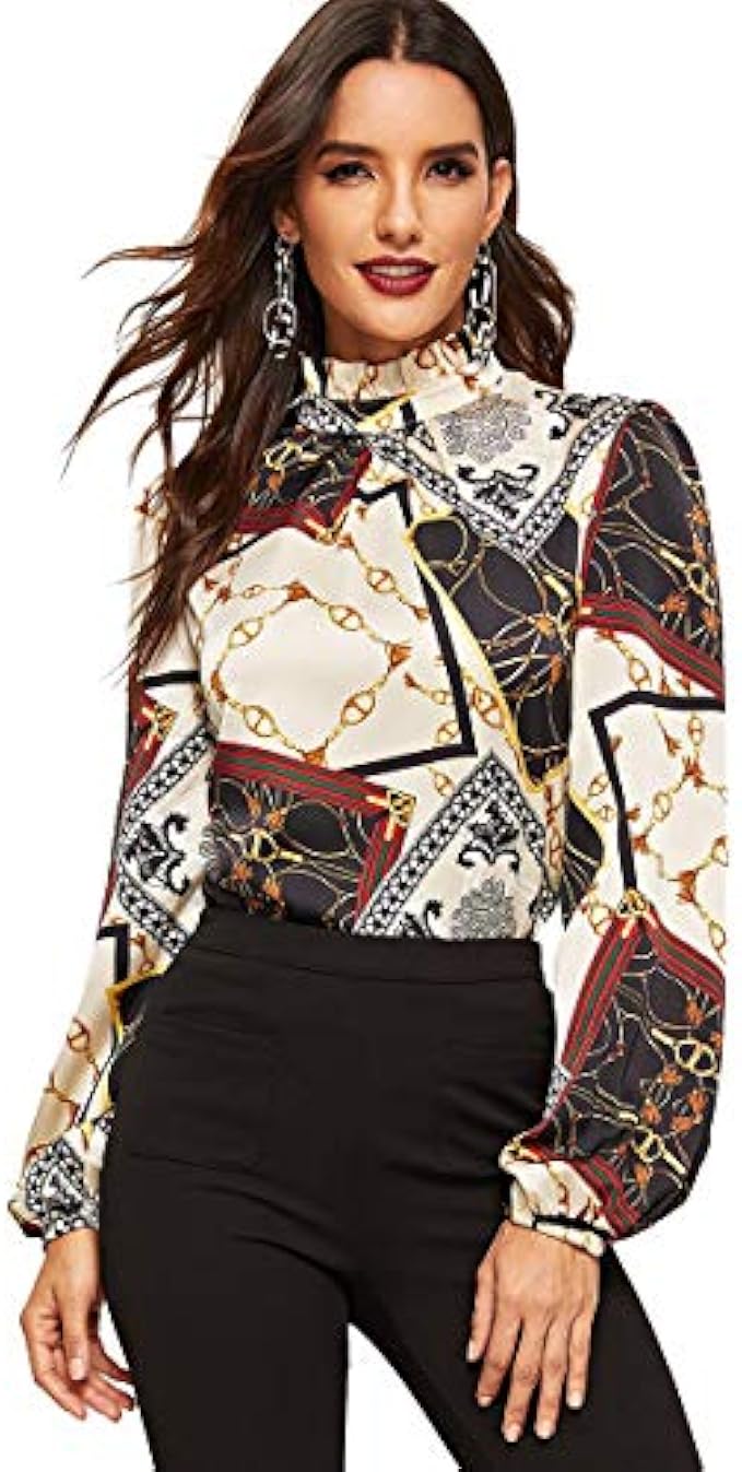 Romwe Women's Elegant Printed Stand Collar Long Sleeve Workwear Blouse Top Shirts