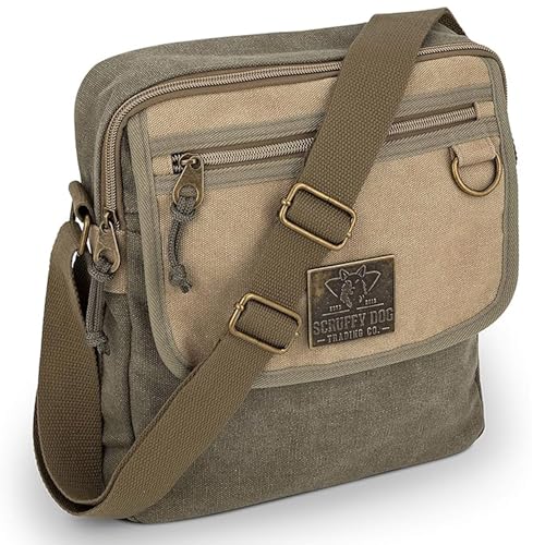 SCRUFFY DOG Canvas Messenger Bag for Men and Women with Adjustable Strap - Crossbody Satchel Small 11 inch, Khaki
