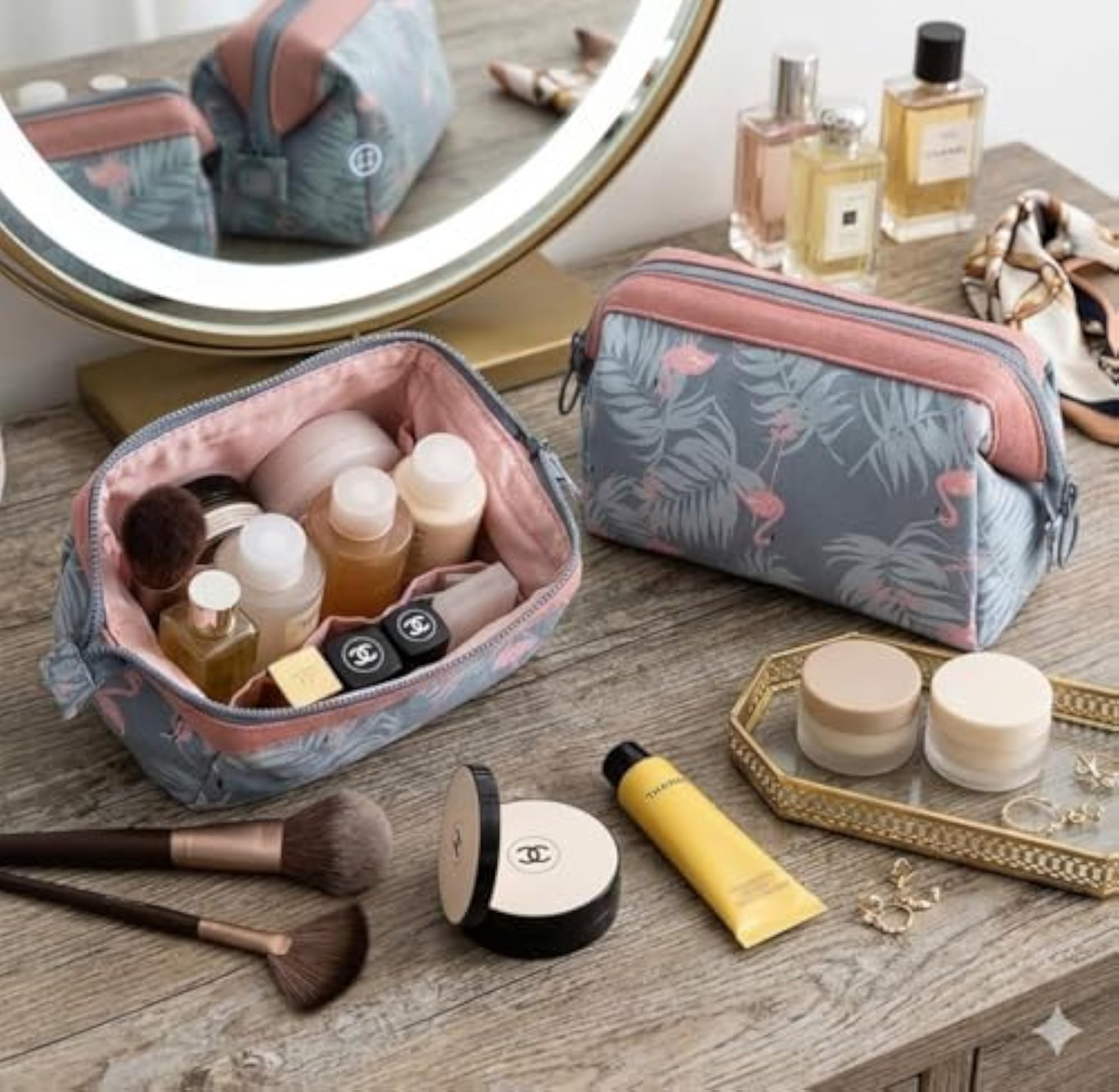 Naylon Cosmetic Toiletry Makeup Pouch, Flamingo Design