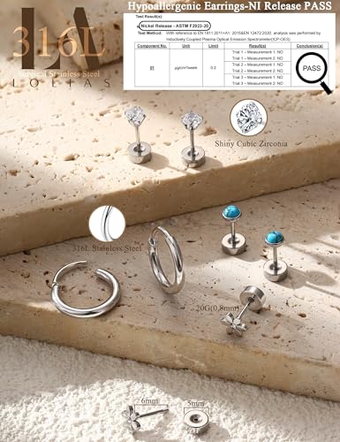 LOLIAS 21Pairs Surgical Steel Flat Back Earrings Hypoallergenic 20G Screw Back Nap Stack Cartilage Earring Stacks3