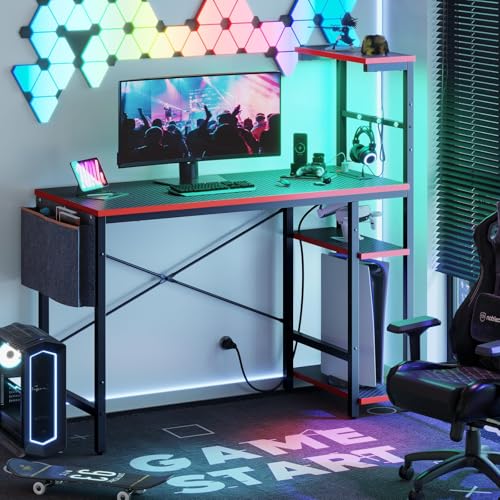 Bestier Gaming Desk with Power Outlets, 44 Inch Led Gamer Desk with 4 Tiers Reversible Shelves, PC Gaming Table with Headset Hook & Side Storage Bag for Bedroom (Black 3D Carbon Fiber) - Thumbnail 2