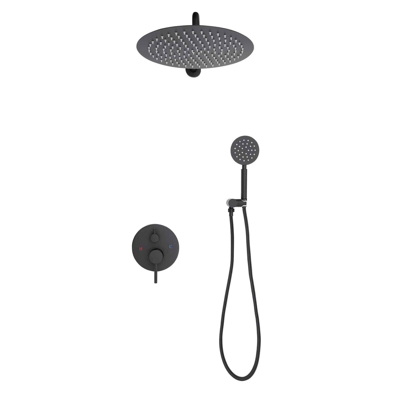 Sistema doccia, rubinetto doccia, doccia a pioggia, 30 cm, nero, montaggio | Doccia a pioggia da 30 cm, braccio doccia da 40 cm, doccetta, tubo, montaggio a parete, ottone/acciaio inox, nero