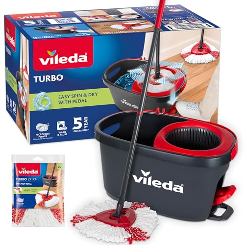 Vileda Turbo, Juego de fregona giratoria con Palo telescópico, Cubo con Pedal y escurridor centrífugo, 2 recambios de Microfibra, Negro y Rojo