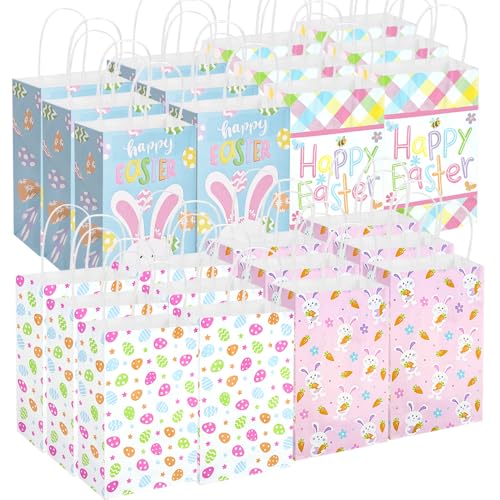 Colodeol 24 Pcs Easter Gift Bags with Handle，Paper Treat Goodie Bags for Kids Boys Girls Party Favors Gift Wrapping，4 Design