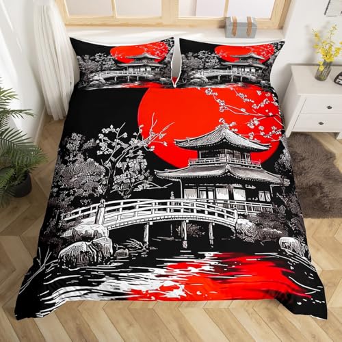 Homemissing Japonais Ukiyoe Housse de Couette 220x240cm pour Les Enfants Garçons Filles Adultes Style Japonais Parure de Lit Coucher de Soleil Rouge Ensemble...