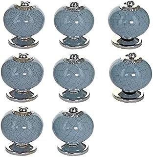 G Decor Blue-Grey Crackle Handmade Design Round Ceramic Door Knobs, Vintage, Shabby Chic, Interior Furniture, Cabinet Wardrobe Cupboard Drawers Pulls Handles (8-Pack)