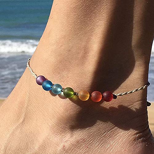 Rainbow Chakra Seven Ball Sea Glass Beach Anklet On Our Hand Spun Cord, Great Pride Celebration Or Cheer Up Gift, Handmade In The Caribbean (Anklet) #TOP6