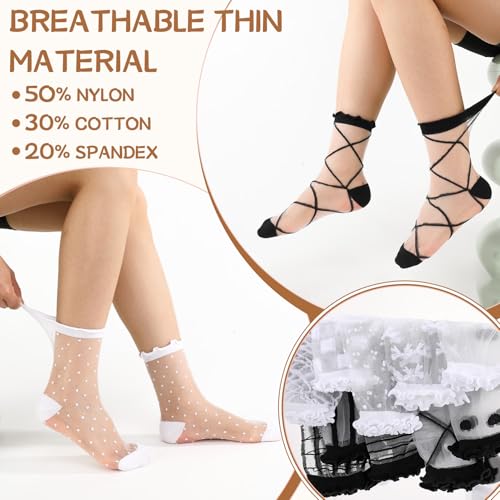 Image of Jspupifip Sheer See Through Socks for Women - Striped Plaid Mesh | Polka Dot & Bow Design Transparent Soft Breathable Fashion Stockings, Lightweight Lace Socks