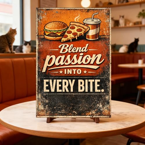 Blend Passion Into Every Bite Tin Sign Vintage Fast Food Wall Decor Retro Burger Pizza Drink Metal Poster Classic Kitchen Diner Cafe Restaurant Art 8x12 Inch Wall Display - Image 2