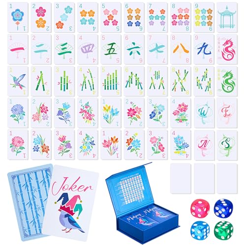 Soulchen 168 Pcs PVC Mahjong Set Large Print American Style Blossom Numbered Mahjong Tiles with 4 Dices 2 Storage Box Elegant Gift for Family Game Night Travel Home Entertainment (Floral Blue)