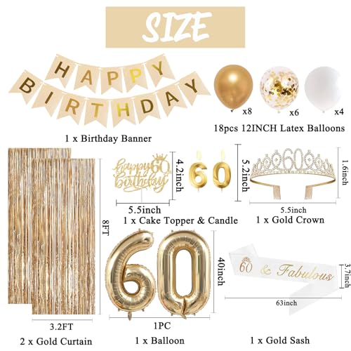 Image of Trgowaul 60th Birthday Decorations for Women, Banner, Sash and Crown, Cake Topper, 60 Number Balloon, Fringe Curtains, Champagne Gold 60th Birthday Party Supplies