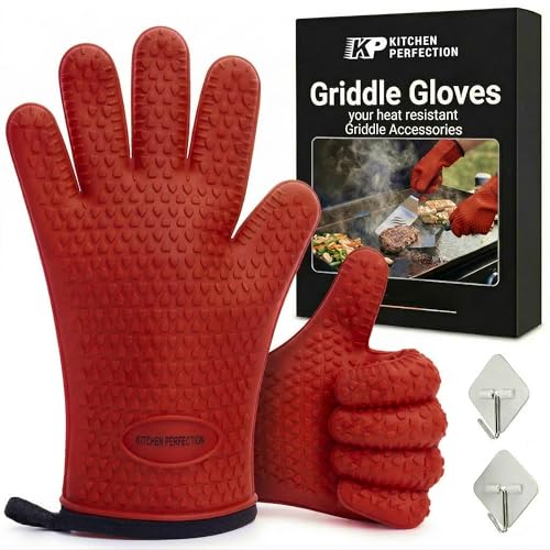 Image of KITCHEN PERFECTION Silicone Oven & Griddle Gloves -Extreme Heat Resistant BBQ & Grilling Gloves -Handle Hot Food Right on Your Griddle |Waterproof Oven Mitts Grill Gloves |Superior Set+3 Bonuses