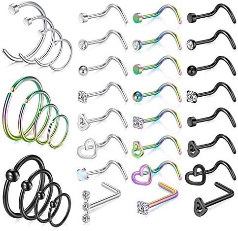 Kridzisw 18g 20g Nose Rings Stud Hoops for Women 20g Stainless Surgical Steel Screw Spiral Twist Corkscrew Curved Nose Nostril Hoop Bar Ring Body Piercing Jewelry for women Men Silver Black Colorful