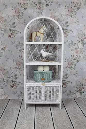 White Bookshelf With Cabinet, Nursery Organizer, Office Organizer, Natural Wicker Furniture 124Cm High #TOP1