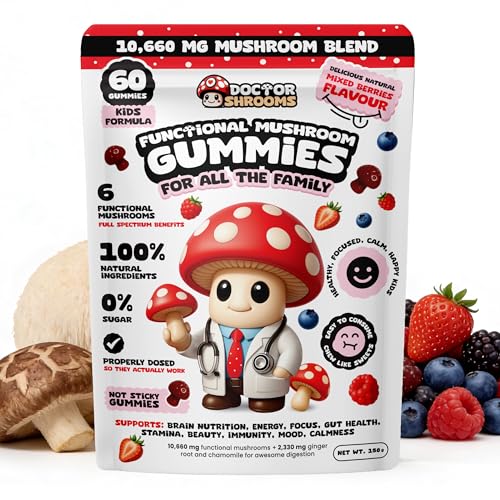 DoctorShrooms Mushroom Gummies for Kids | Multi Functional Blend with Lions Mane & Cordyceps | Focus Calm & Immune Balance Support | Vegan & Sugar Free | 60 Pack (Mixed Berries)