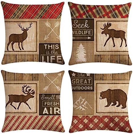 ArtSocket Set of 4 Linen Throw Pillow Covers Decroitem Retro Vintage Wildlife Elk Moose Bear Deer Pine Decorative Pillow Cases Home Decor Square 18x18 inches Pillowcases