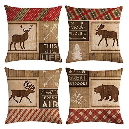 Artsocket Set Of 4 Linen Throw Pillow Covers Decroitem Retro Vintage Wildlife Elk Moose Bear Deer Pine Decorative Pillow Cases Home Decor Square 18X18 Inches Pillowcases #TOP8