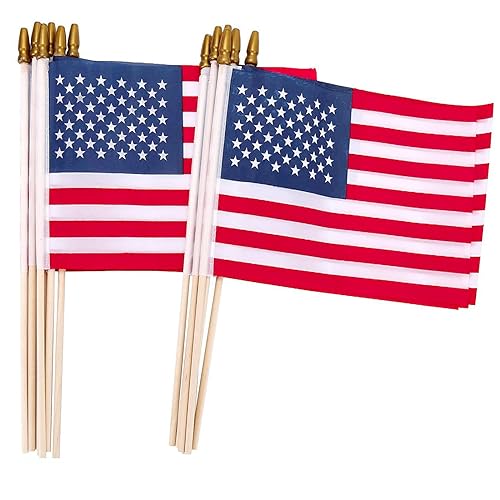 American Flags on Stick 12 Pcs 8x12 Inch Small US Wood Stick Flags with Kid-Safe Spear Top Memorial Day Decorations Patriotic Decorations 4th of July 250th Anniversary Parades