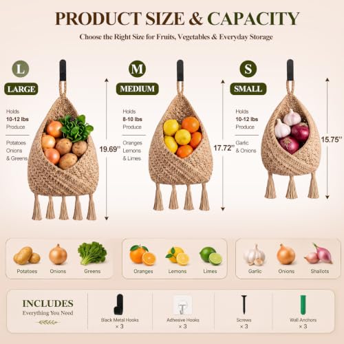 Image of Honeydak 3 Hanging Baskets, Light Linen, Triangular Tassel, Jute