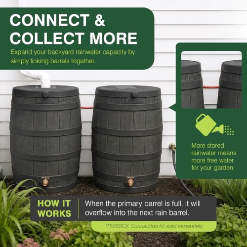 Image of Good Ideas Rain Wizard Water Collection Barrel, 50 Gallon, Black | Faux Wood Design - Plastic Outdoor Home Rain Barrel, Rainwater Storage Collector with Metal Spigot and Flat Back
