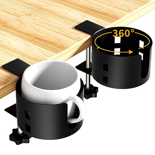 2 Pack Large Desk Cup Holder, OOKUU Anti-Spill Cup Holder for Desk or Table, Sturdy and Durable, Easy to Install, Enough to Hold Coffee Cups, Water Bottles, Gaming PC Office Accessories, Black