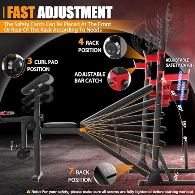 OPPSDECOR Professional Weight Bench Set with Barbell/Squat Rack, 900LBS Heavy Duty Bench Press Set with Leg Curl/Extension and Preacher Curl, Adjustable Full-Body Workout Bench for Home Gym Fitness