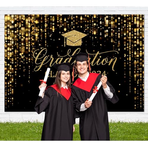 Msocio 8x6ft Polyester Black Congrats Graduation Backdrop Class of 2024 Photography Background Gold Bachelor Cap Celebration Party Decorations Banner Picture Photo Booth