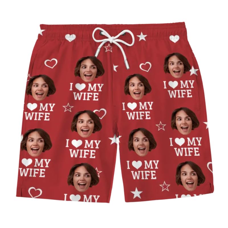 DOPTIKA Personalized Funny Mens Swim Trunks with Face, Custom Hawaiian Beach Board Shorts, Swim Shorts Gifts for Men, Husband