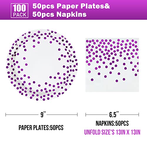 Cenlbj White And Purple Gold Paper Plates- 100 Pack- 50 X 9 Dinner Plates & 50 X 6.5 Napkins, Purple Dot Paper Plates And Napkins Party Supplies For Birthdays And All Occasions #TOP1