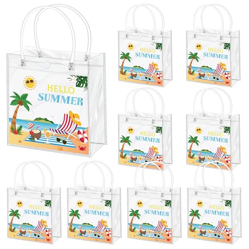 H1vojoxo Hello Summer Gift Bags - 24PCS Sunny Beach Clear Gift Bags with Handles 7.87 x 3.2 x 7.87 Inch Reusable PVC Plastic Transparent Waterproof Tote Bag for Summer Party Birthday Party Supplies