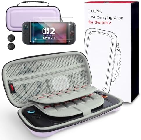 CoBak Large Capacity Carrying Case for Nintendo Switch 2 (2025) - 3 in 1 Accessories Bundle with 2 Screen Protectors, Thumb Grip Caps, 24 Game Cartridges, Hard Shell Portable Travel Pouch, Purple : Video Games