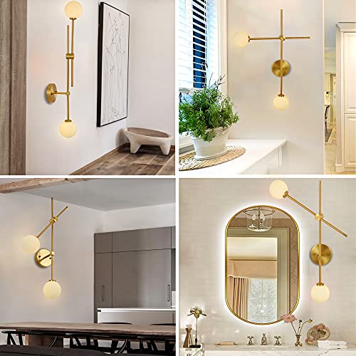 Image of Modern 2 Lights Globe Wall Sconce Industrial Wall Lamp with G4 Bulb Mid Century Rotatable Light Fixture Brushed Brass Finished White Globe Glass Shade (Gold Color)