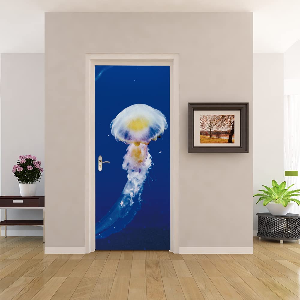 Stickers mural porte 3D méduse bleue en vinyle auto-adhésif 93x205 cm