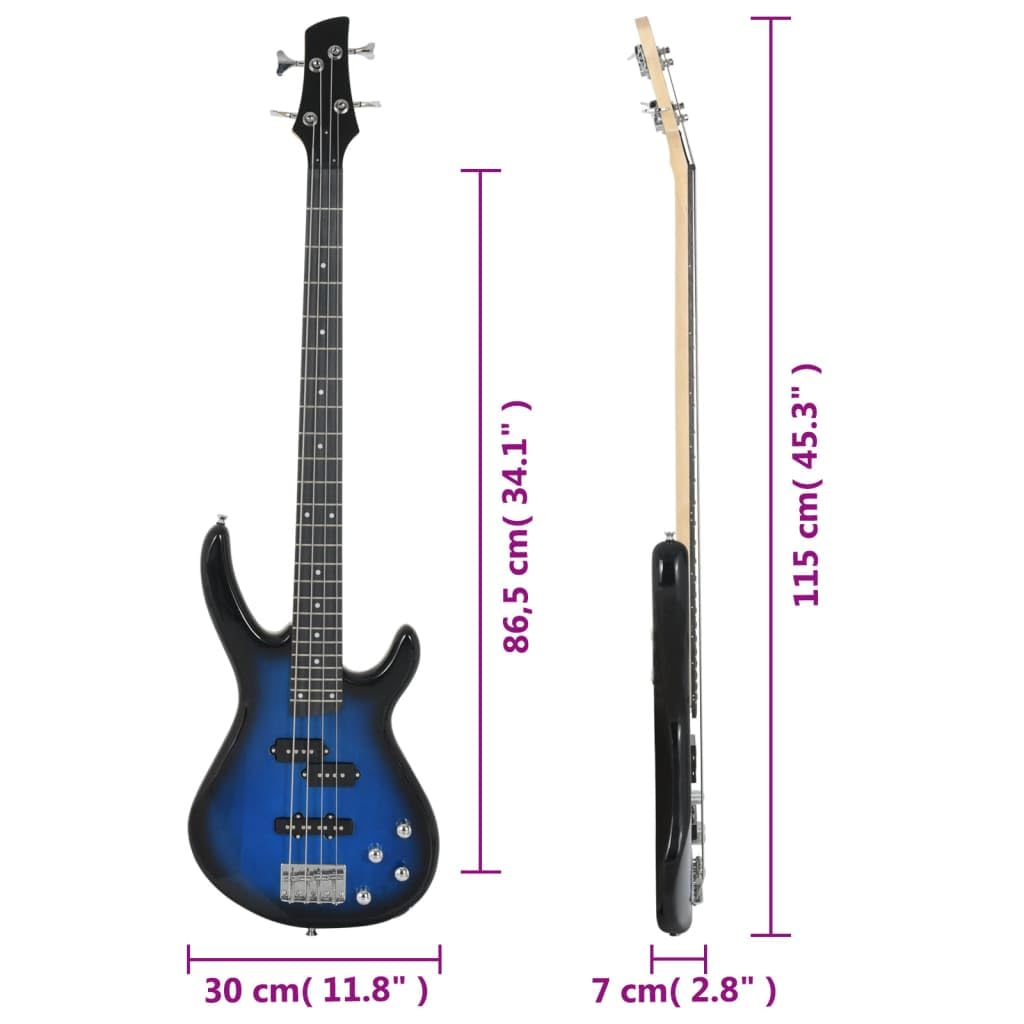 E-Bass für Anfänger 4/4 46 Zoll mit Tasche, Stimmgerät, Plektrum und Gurt, Massives Birkenholz Bassgitarren-Set in Blau Schwarz für Musik Schule Bühne Hobby und Einsteiger