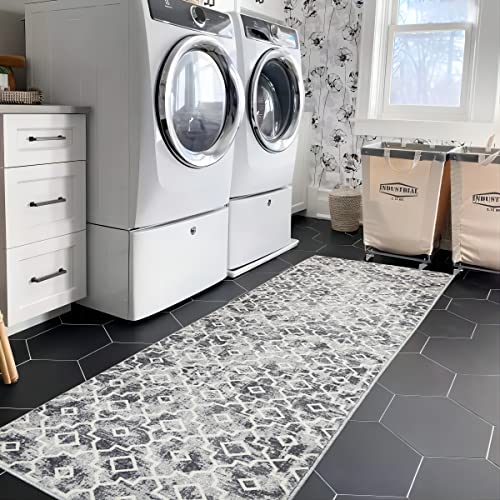 Wonnitar Moroccan Washable Runner Rug - Grey 2X7 Hallway Rug Runner Non-Slip Bathroom Mat Distressed Modern Geometric Trellis Throw Rug Indoor Floor Carpet For Dorm Kitchen Entryway #TOP6