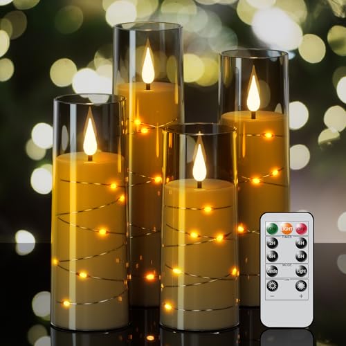 Image of Flameless Candles with Remote Timer, Embedded String Lights Candles Acrylic Flickering, Battery Operated LED Pillar Candles, 4 Pcs Unbreakable Plexiglass, Black, 2.3x5 /6 /7 /8 inches