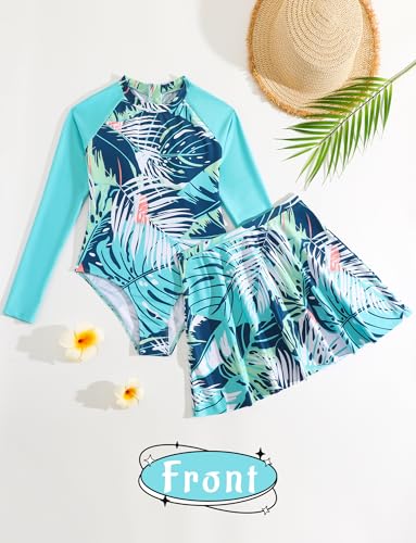 Image of SEAUR Girl's Two-Piece Long Sleeve Swimsuits UPF50+ Rash Guard Kids Bathing Suit Tankini Rash Guard with Skirt Blue 11 Years