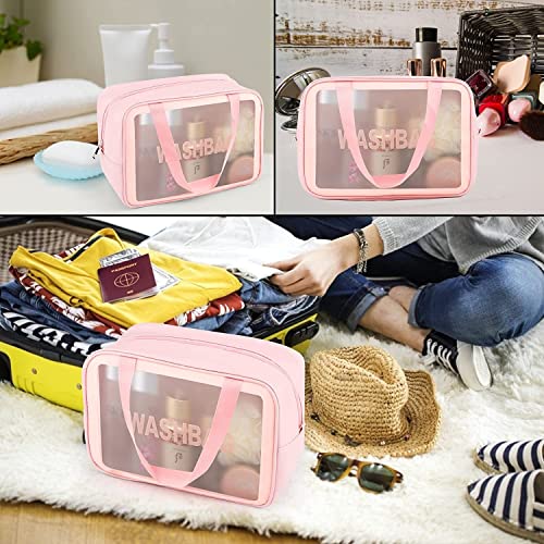 Image of KUKLAR Wash Bag Pouch for Travel Kit Toiletry Bag Cosmetic Bag Make Up Box for Brushes,Accessories with Handle,Large Capacity Translucent Waterproof Travel Storage Organizer Set of 1(Pink)