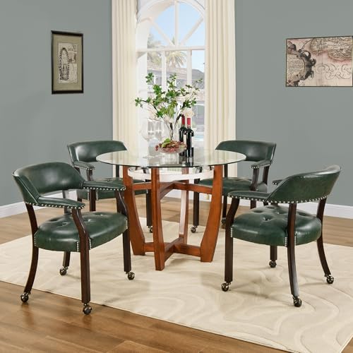 JESONVID Set of 4 Dining Leather Chairs with Casters and Arms, Accent Kitchen Table Chairs with Wheels, Wood Captains Rolling Roller Poker Table Chair, Espresso&Green 1910GN(NO Table!)