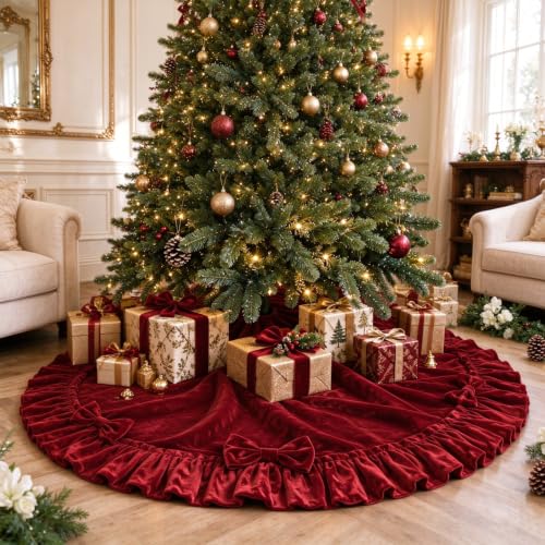 Wironlst 60" Burgundy Velvet Christmas Tree Skirt with 9 Velvet Bows, Elegant Ruffle Red Large Tree Skirt for 7FT–9FT Christmas Trees,Luxury Holiday Home Decor for Living Room & Christmas Party Décor - image 2