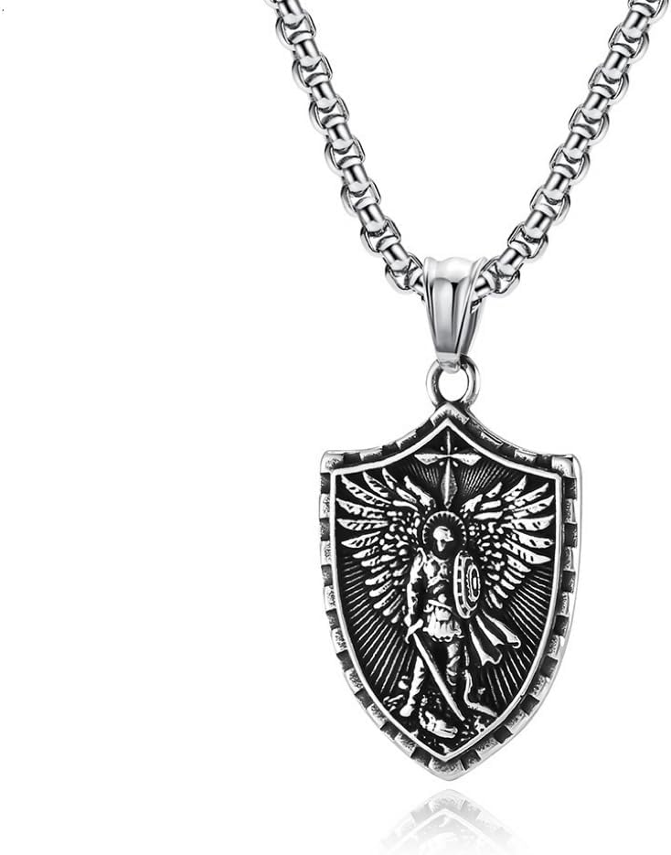 Men Saint Michael Necklace,Stainless Steel Black/Silver/Gold Archangel Pendant Necklace Amulet Protect Shield Jewelry,60cm Rolo Chain