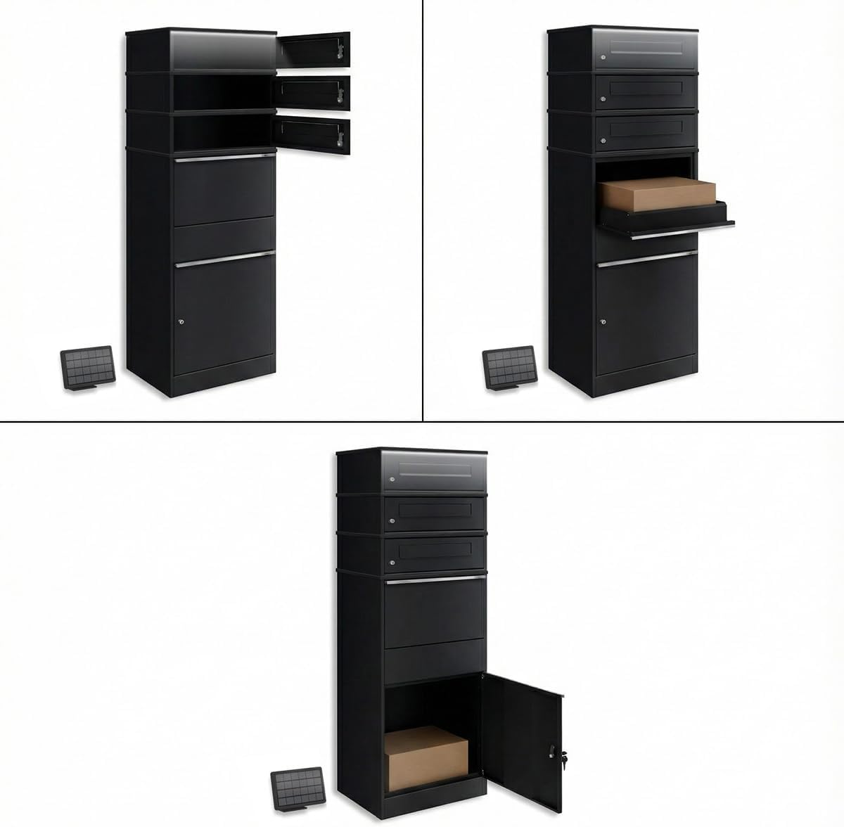 Parcel Box with LED Solar Lighting and Three Letterboxes, Lockable and Weatherproof in Black without Engraving, Freestanding Made of Powder-Coated Steel, for Contactless Delivery Outside