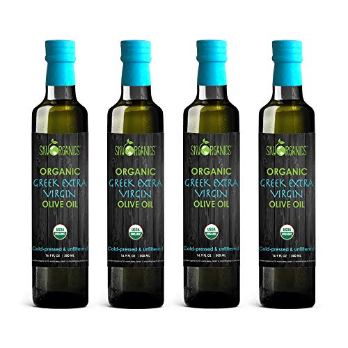 Sky Organics USDA Organic Extra Virgin Olive Oil- 100% Pure Greek Cold Pressed Unfiltered Non-GMO EVOO- For Cooking Baking - Hair & Skin Moisturizing, 16.9 oz (Pack of 4)