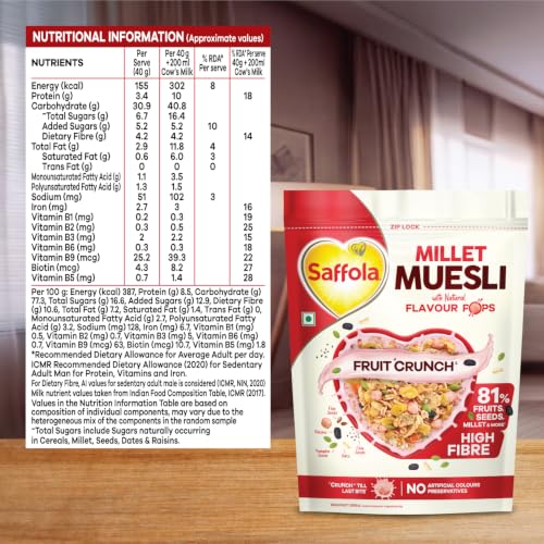 Image of Saffola Millet Muesli with Crunchy Flavour Pops & High Fibre | 650g | Fruit Crunch | 81% Fruits, Seeds & More | Power of Millet | Goodness of 5: Protein, Fibre, Vitamins, Iron & Jowar