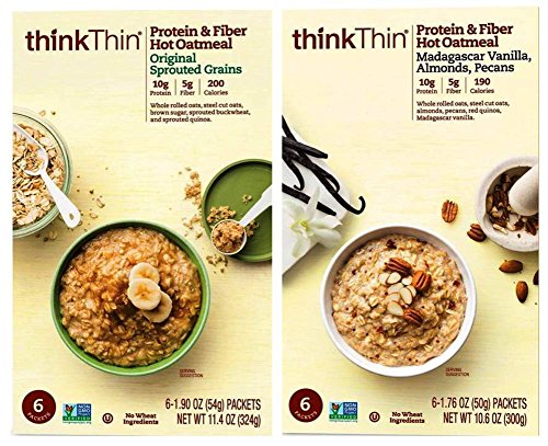 thinkThin Protein & Fiber Hot Oatmeal 2 Flavor Variety Bundle: (1) thinkThin Madagascar Vanilla, Almonds, Pecans Oatmeal, and (1) thinkThin Original Sprouted Grains Oatmeal, 10.6-11.4 Oz Ea (2 Boxes)