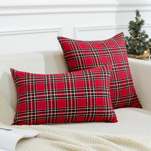 JOTOM Christmas Scottish Tartan Plaid Throw Pillow Covers Farmhouse Classic Decorative Square Cushion Covers 50 x 50cm Soft Pillowcases for Decor Sofa Couch 20x20 Inch Set of 2 (Red) - Image 3