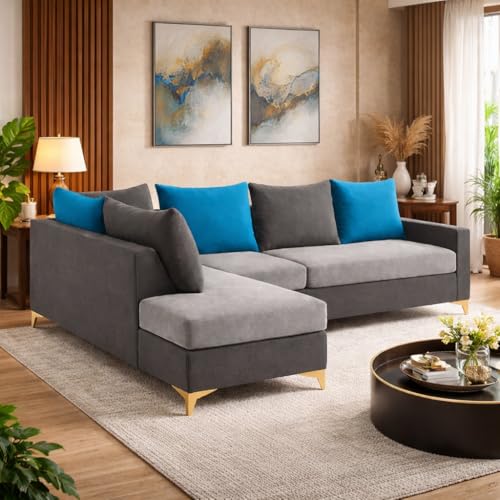 Image of FURNY Gloriss 6 Seater Fabric LHS L Shape Sofa Set with Multi-Color Aqua Blue Cushions (Light Grey-Dark Grey) Premium Velvet Finish with Golden Legs | Ideal for Living Room, Offices
