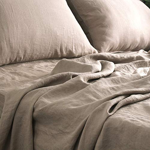 S VICTORY SYMBOL 100% French Natural Linen Bedding Ultra Soft Durable Luxurious Stone Washed 4 Pieces Sheets Set(Khaki,Queen)
